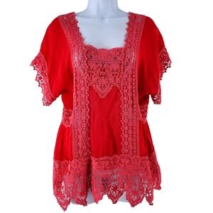Johnny Was Pink Crochet Lace Boho Top Sheer Blouse Women's Size S Cupra Rayon